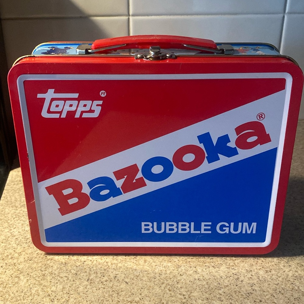 Bazooka Topps metal lunchbox w/ red trim & handle Characters around the sides